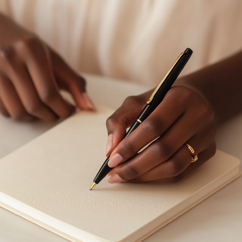 a person holding a pen writing in a journal